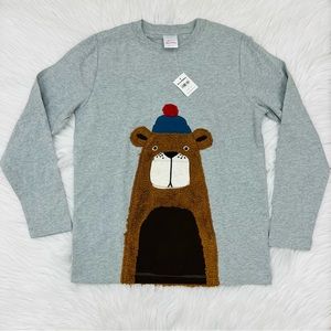 Hanna Andersson Interactive Flap Fuzzy Bear Long Sleeve Gray Cotton Top